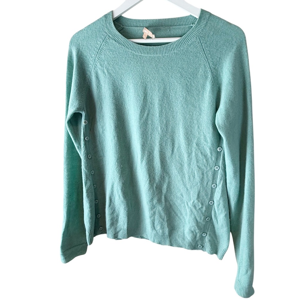 Kier + J Women's Soft Aqua Blue 100% Cashmere Crew Neck Button Side Sweater Sz S